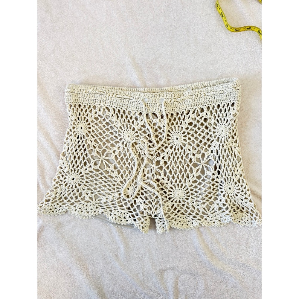 Verty Boho Crochet Lined Shorts - Cream Medallion Knit Festival Beach Shorts M/L